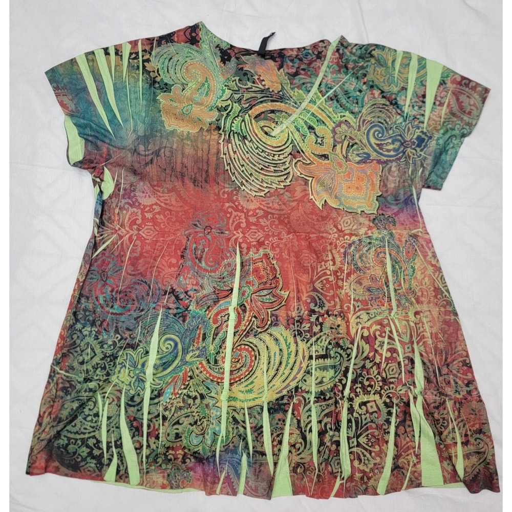 Susan Lawrence Blouse Top Paisley Floral Boho Multicolor Green Print Size 1X NEW